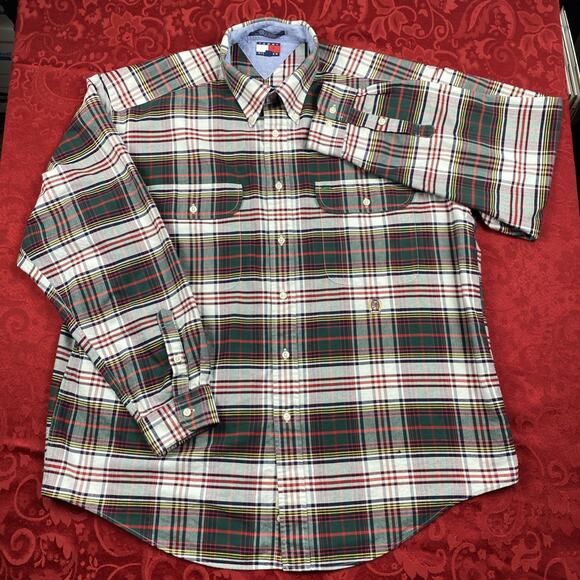 Vintage 90s Tommy Hilfiger‎ Shirt Mens XL Green Plaid Button Down Crest Logo - Picture 1 of 11